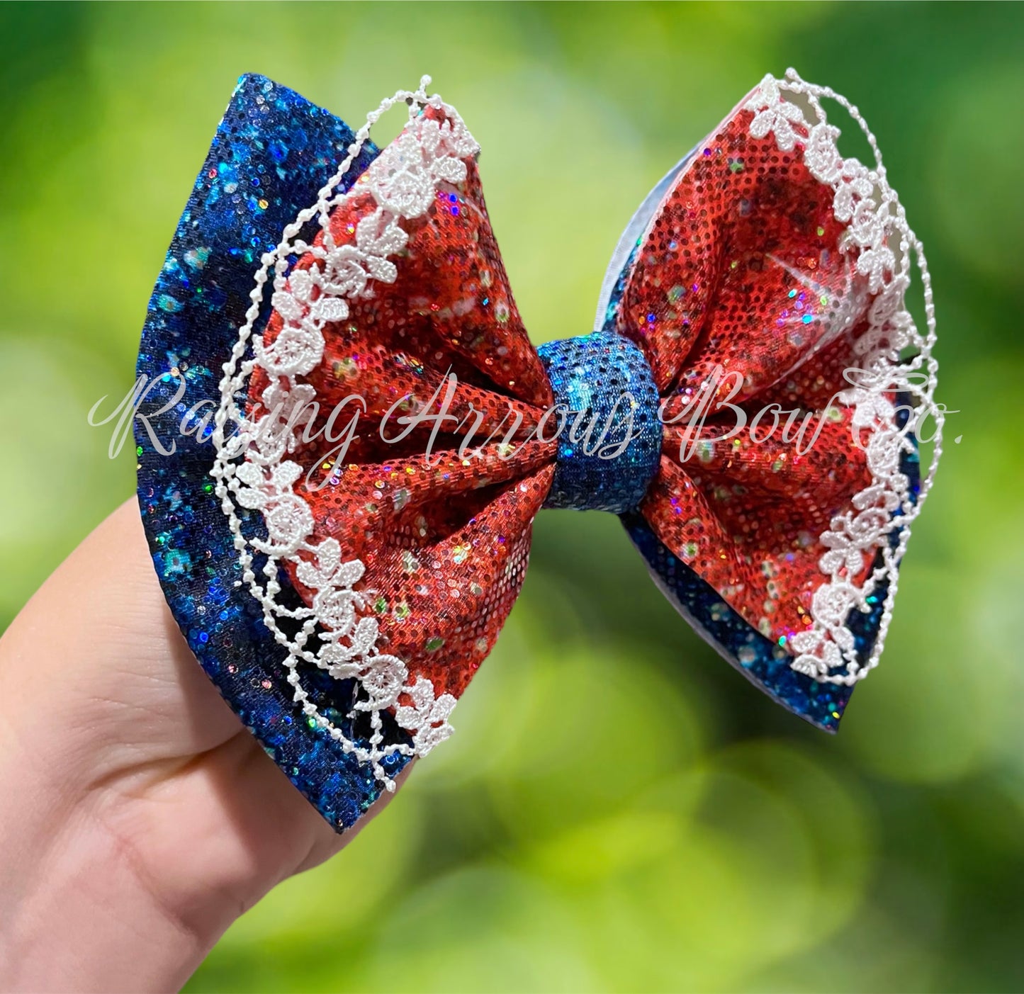 Red and blue holo double Stella single with lace trim