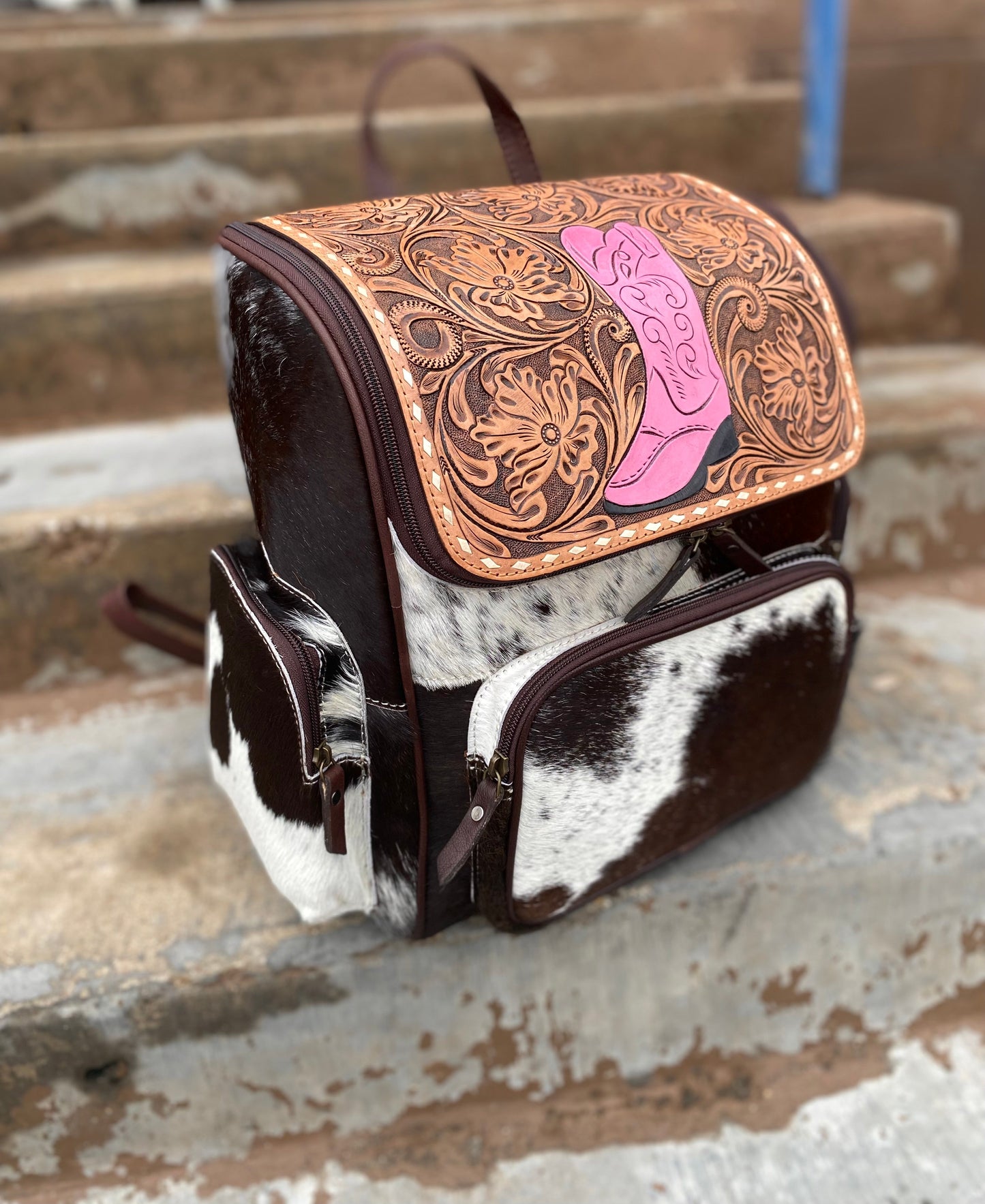 Pink Boot Tooled Leather & Cowhide Backpack