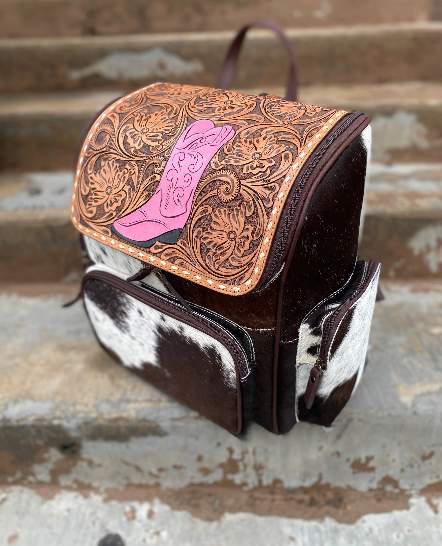 Pink Boot Tooled Leather & Cowhide Backpack