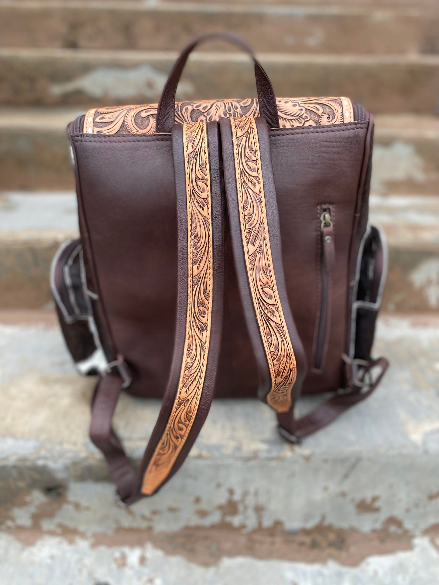 Pink Boot Tooled Leather & Cowhide Backpack