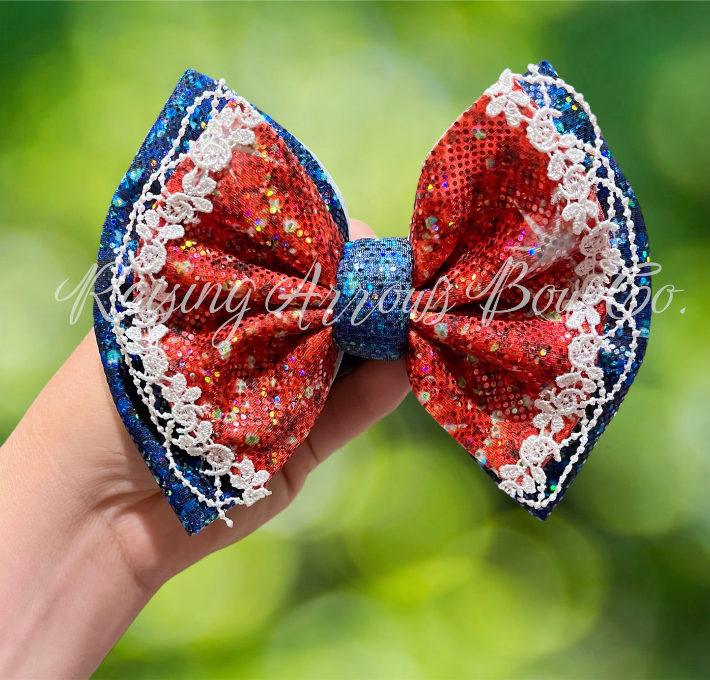Red and blue holo double Stella single with lace trim