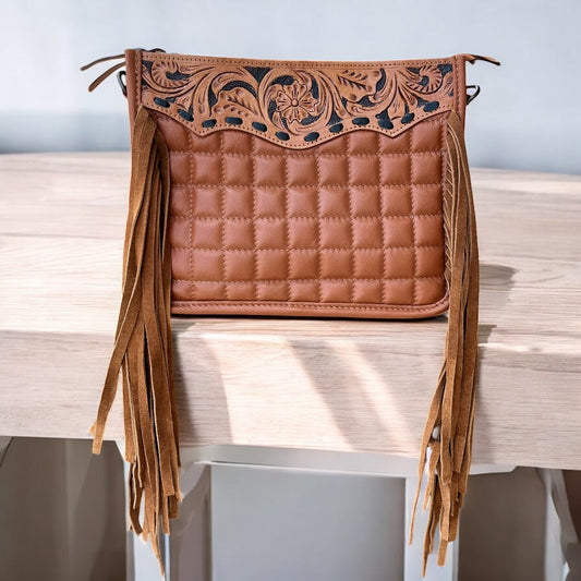 Tan tooled leather fringe crossbody bag