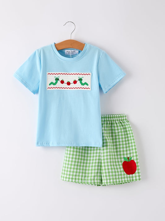Boys Back to School Smock Embroidered Top+ Plaid Shorts