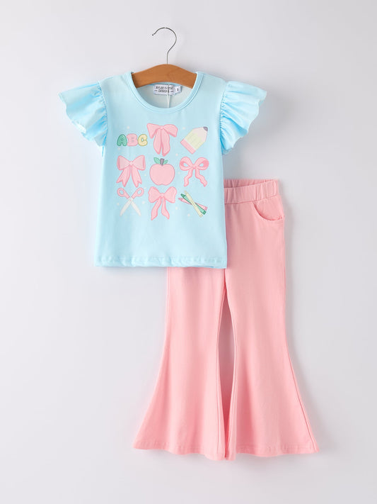 Back-to-school blue top + bell-bottom pants