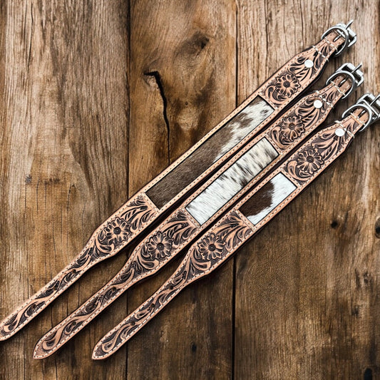 Tan cowhide & tooled dog collar