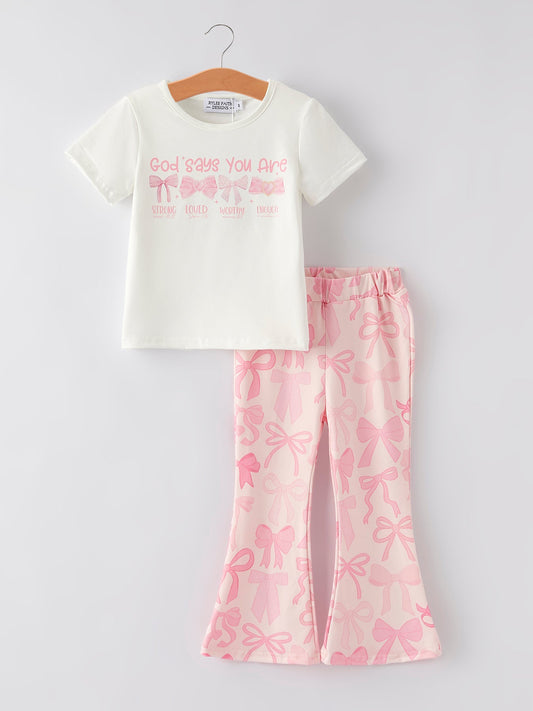 Girls Milk Silk Letters Bow Print Set