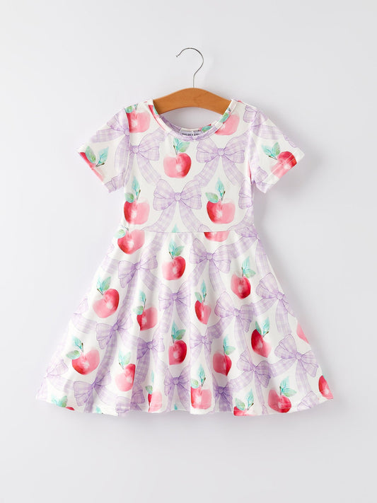 Back to School Purple Bow Apple Print Girls Dress