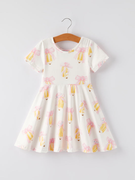 Back to School Bow Pencil Print Girls Dress