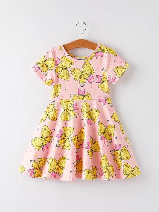 Back to School Yellow Bow Print Girls Dress