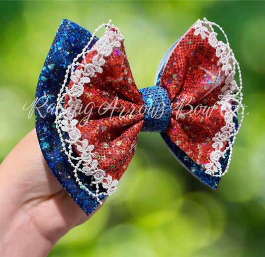 Red and blue holo double Stella single with lace trim