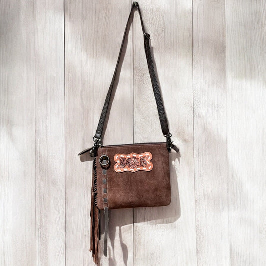 Brown suede & tooled fringe Crossbody bag