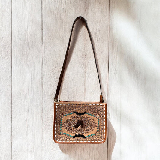 Horse tooled leather crossbody bag