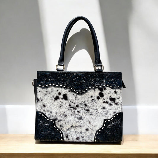 Black cowhide & tooled leather Crossbody purse