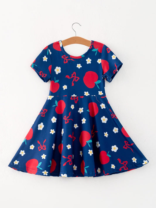 Navy Apple Floral Girls Back to School Dress