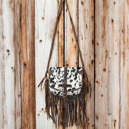 Brown cowhide fringe crossbody bag