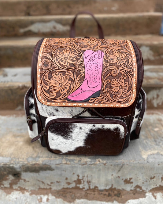 Pink Boot Tooled Leather & Cowhide Backpack