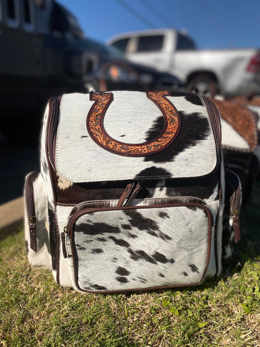 Horse Shoe Tooled & Cowhide Backpack