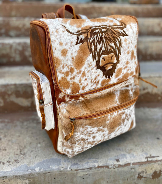 Highland Cow Branded Tan Leather Backpack