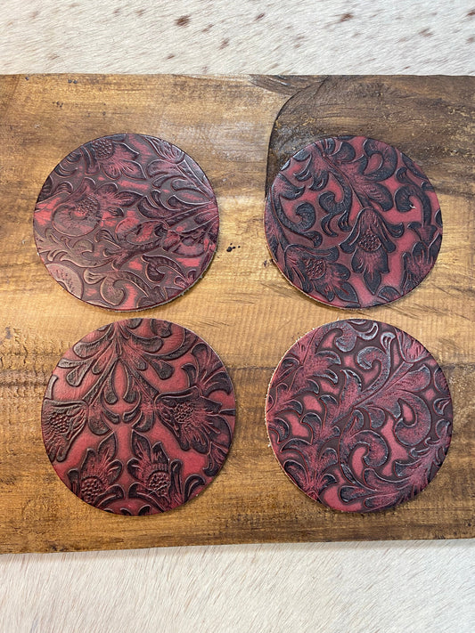 Floral Claret Leather Coaster 4pc Set