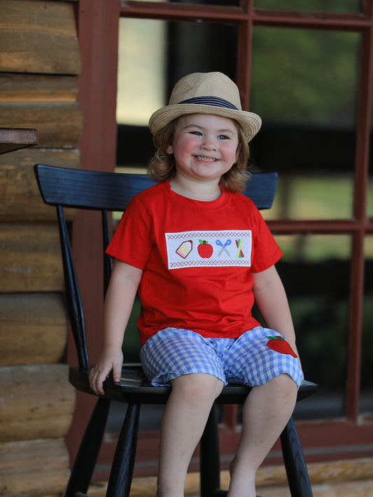 Boys Back to School Pencil Apple Applique Plaid Shorts Set
