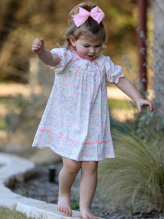 Spring Summer Cross Smocking Embroidery Colorful Dress