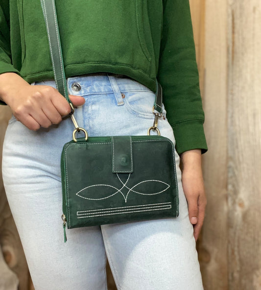 Emerald BootStitch Rustic Leather Clutch Crossbody