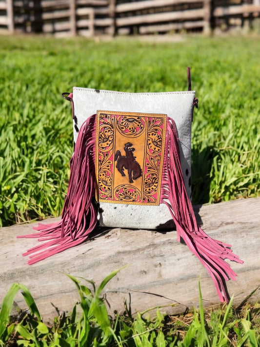 Pink Bucking Horse Cowhide & Fringe Crossbody 