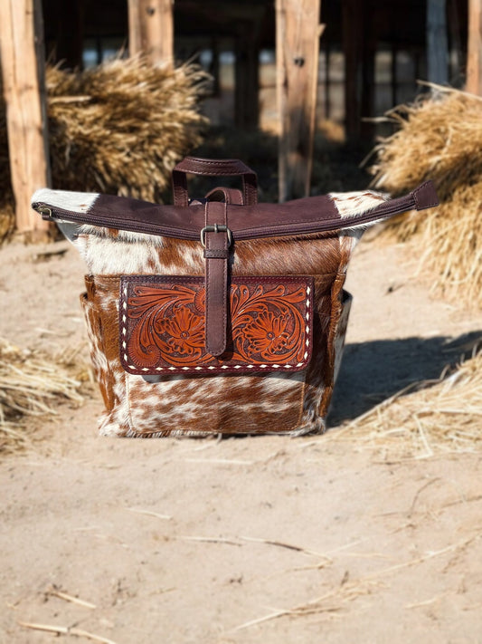 Cowhide Backpack Tooled Fold Leather