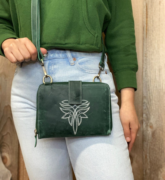 Emerald Bluebell Rustic Leather Clutch Crossbody
