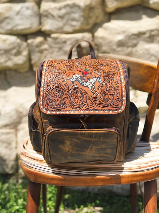 Bucking Horse Tooled Leather Vintage Backpack