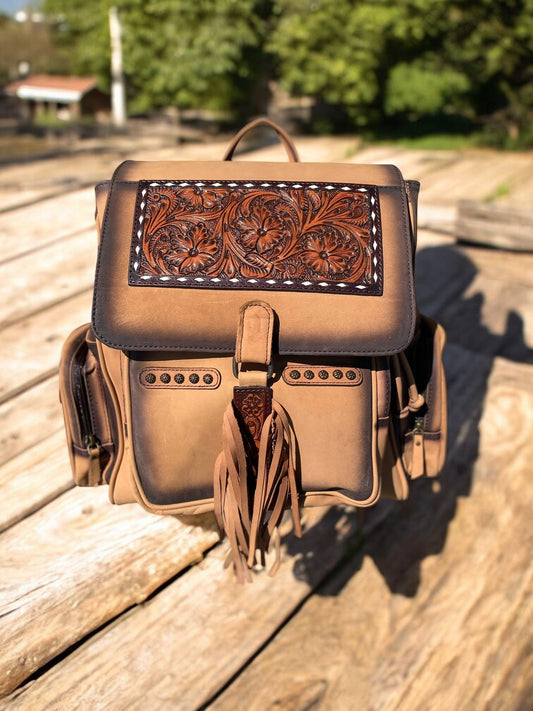 Burn & Tooled Leather Fringe Backpack